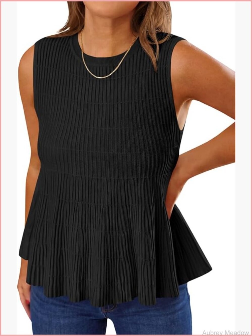 Ribbed Knit Ruffle Hem Tank Top Crew Neck Sleeveless Peplum Sweater Vest